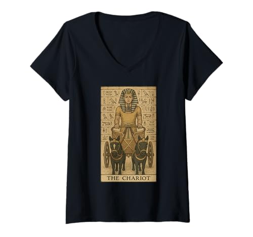 Damen Tarotkarte The Chariot Funny Egyptian Mythology Arcana T-Shirt mit V-Ausschnitt von Retro Tarot Arcana Egypt Hieroglyphs Egyptology