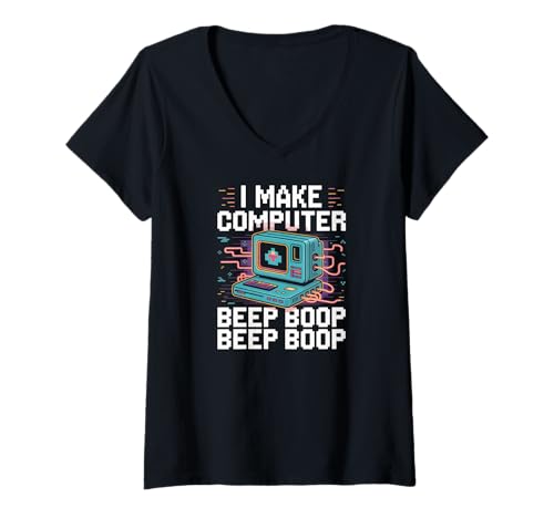 Damen Ich lasse den Computer piepen Boop Beep Boop Netzwerktechniker T-Shirt mit V-Ausschnitt Damen Ich lasse den Computer piepen Boop Beep Boop Netzwerktechniker T-Shirt mit V-Ausschnitt von Retro Tech Humor Geeky Computer Fun
