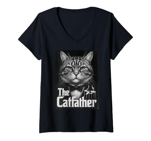 Damen Der Katzenvater Lustige Katze T-Shirt mit V-Ausschnitt von Retro The CatFather Funny Cat Dad