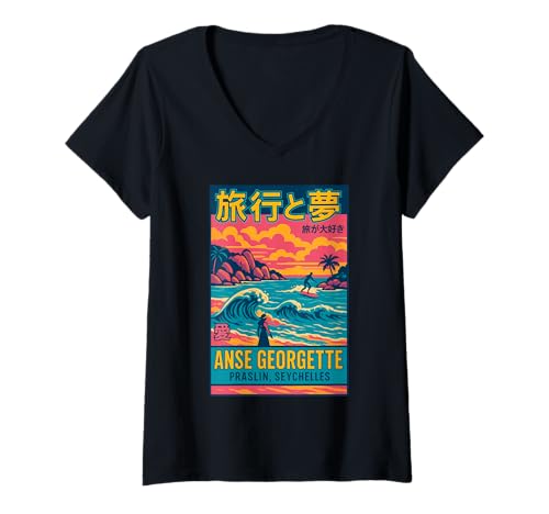Damen ANSE Georgette, Praslin, Seychellen Reise-Symbol Strand Surf T-Shirt mit V-Ausschnitt Damen ANSE Georgette, Praslin, Seychellen Reise-Symbol Strand Surf T-Shirt mit V-Ausschnitt von Retro Tourist & Travel Japanese Style City Designs
