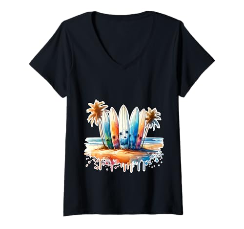 Damen Vintage Surf Sunset Palms Ocean Waves Tropical Style T-Shirt mit V-Ausschnitt Damen Vintage Surf Sunset Palms Ocean Waves Tropical Style T-Shirt mit V-Ausschnitt von Retro Tropical Surf Wave Ocean Sunset Palms