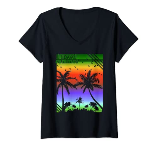 Damen Retro Palmen Tropischer Sommer Urlaub Fernweh T-Shirt mit V-Ausschnitt von Retro Tropischer Sommer Urlaub Palmen