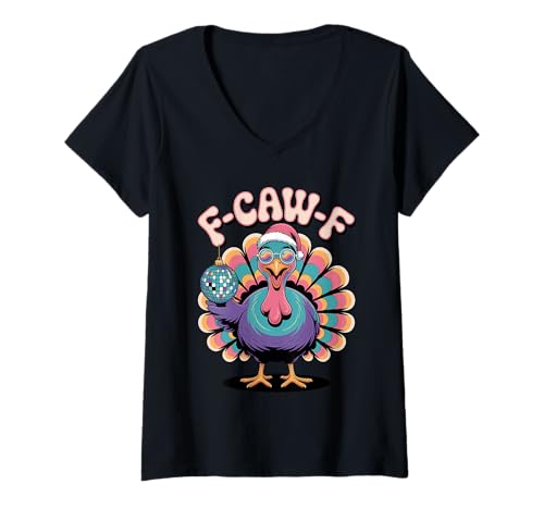 Damen F CAW F Lustiger Truthahn Weihnachten Thanksgiving Mashup T-Shirt mit V-Ausschnitt Damen F CAW F Lustiger Truthahn Weihnachten Thanksgiving Mashup T-Shirt mit V-Ausschnitt von Retro Turkey Thanksgiving Christmas Humor Party