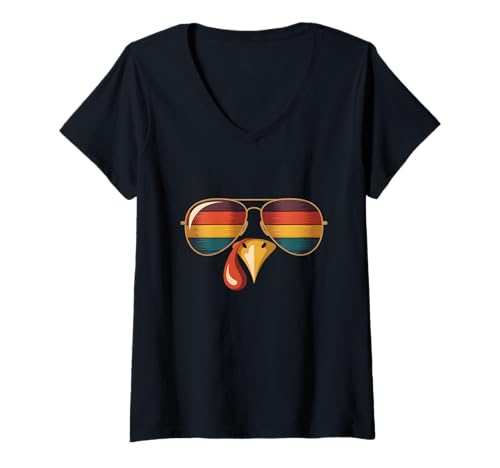 Damen Coole Truthahn-Sonnenbrille für Männer, Frauen, Kinder, Jugendliche, Jungen T-Shirt mit V-Ausschnitt von Retro Turkey Thanksgiving Costume