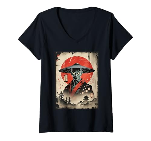 Damen Alien Samurai UFO Japanische Japan Grafik Ukiyo-e Lustige Kunst T-Shirt mit V-Ausschnitt Damen Alien Samurai UFO Japanische Japan Grafik Ukiyo-e Lustige Kunst T-Shirt mit V-Ausschnitt von Retro UFO Cyberpunk Samurai Alien Gifts