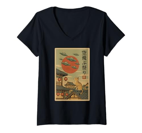 Damen Vintage Japanische UFO Invasion Retro Sci-Fi T-Shirt mit V-Ausschnitt Damen Vintage Japanische UFO Invasion Retro Sci-Fi T-Shirt mit V-Ausschnitt von Retro UFO Invasion Japanese Art Apparel