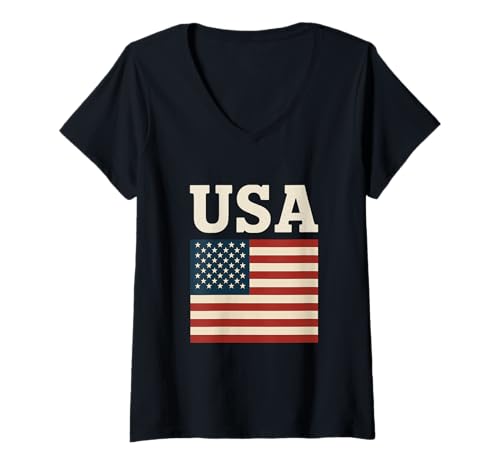 Damen USA Vintage Rustikale US Flagge USA Bold Retro Patrioten T-Shirt mit V-Ausschnitt Damen USA Vintage Rustikale US Flagge USA Bold Retro Patrioten T-Shirt mit V-Ausschnitt von Retro US Flagge Grafik Faded USA Schrift USA