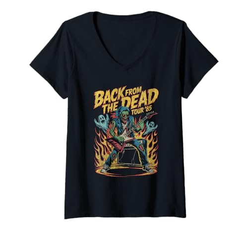 Damen Zombie Rocker spielt Gitarre mit Flammen und Geistern T-Shirt mit V-Ausschnitt von Retro Undead Threads