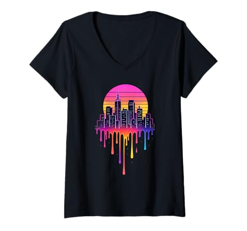 Damen Kunst von Skyline bei Sonnenuntergang in der Stadt T-Shirt mit V-Ausschnitt Damen Kunst von Skyline bei Sonnenuntergang in der Stadt T-Shirt mit V-Ausschnitt von Retro Urban