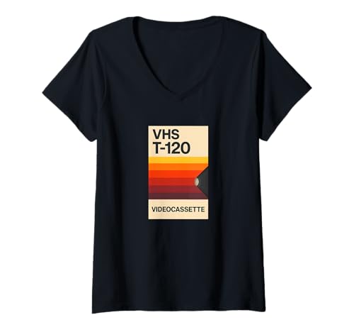 Damen Retro VHS T-120 Videokassette 80er Jahre Nostalgie Analog Video T-Shirt mit V-Ausschnitt Damen Retro VHS T-120 Videokassette 80er Jahre Nostalgie Analog Video T-Shirt mit V-Ausschnitt von Retro VHS T-120 Videocassette 80s