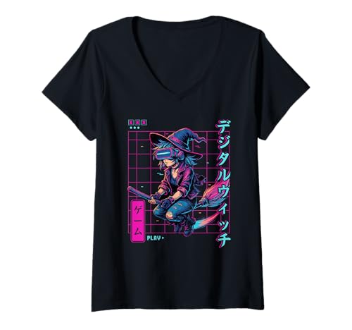 Damen Cyber Witch Japanischer Vaporwave-Gothic-Gamer T-Shirt mit V-Ausschnitt von Retro VR Gamer Witch Gaming Halloween Design