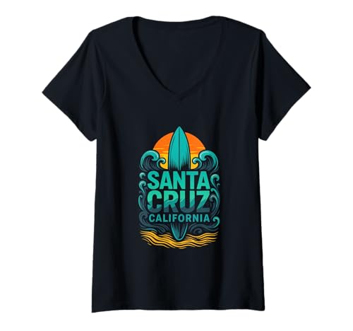 Damen Santa Cruz - Surf California Waves Santa Cruz T-Shirt mit V-Ausschnitt Damen Santa Cruz - Surf California Waves Santa Cruz T-Shirt mit V-Ausschnitt von Retro Vacation Ocean Skateboarding