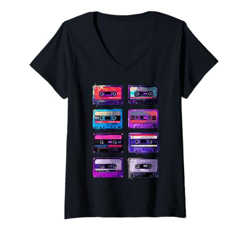 Damen Retro Kassette Musik Tapes Gitter 80er 90er Vintage T-Shirt mit V-Ausschnitt Damen Retro Kassette Musik Tapes Gitter 80er 90er Vintage T-Shirt mit V-Ausschnitt von Retro Vaporwave Apparel