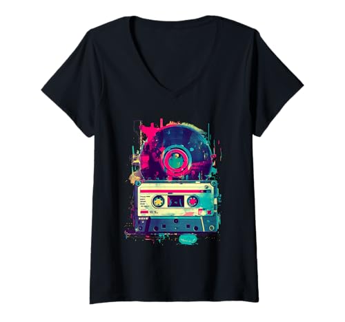 Damen Retro Kassette Vinyl Musik 80er Jahre Vibes T-Shirt mit V-Ausschnitt Damen Retro Kassette Vinyl Musik 80er Jahre Vibes T-Shirt mit V-Ausschnitt von Retro Vaporwave Apparel