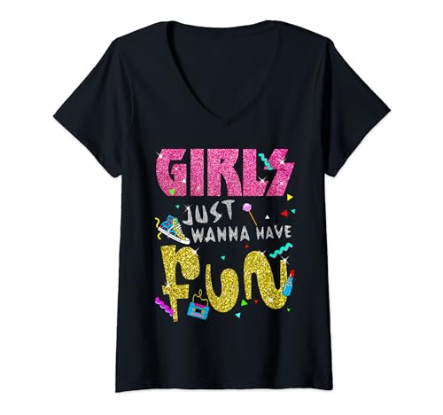 Damen Girls Just Wanna Have Fun 80er Jahre Nostalgie Print T-Shirt mit V-Ausschnitt von Retro Vibes Clothing Co.