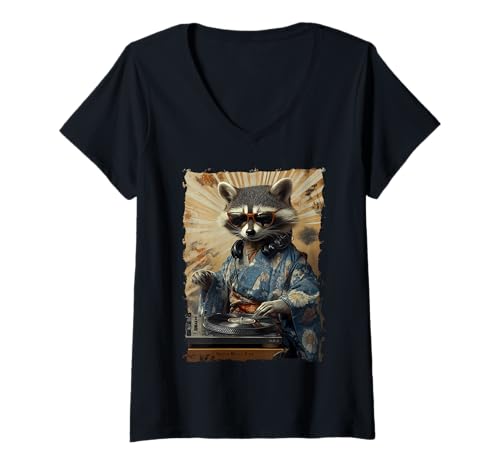 Damen DJ Waschbär Kimono Plattenspieler – Japanische Musik T-Shirt mit V-Ausschnitt Damen DJ Waschbär Kimono Plattenspieler – Japanische Musik T-Shirt mit V-Ausschnitt von Retro-Vibes Party Tier Geschenk Mit Tokio Stil