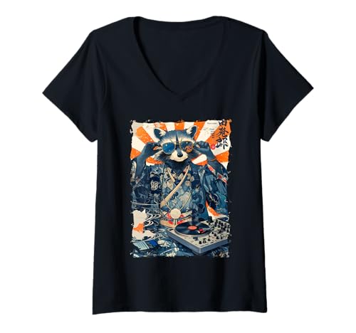 Damen DJ Waschbär Kimono Plattenspieler – Kanji Japanische Musik T-Shirt mit V-Ausschnitt von Retro-Vibes Party Tier Geschenk Mit Tokio Stil