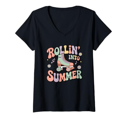 Damen Rollin' Into Summer Retro Rollschuh T-Shirt mit V-Ausschnitt Damen Rollin' Into Summer Retro Rollschuh T-Shirt mit V-Ausschnitt von Retro Vibes Roller Skating Fun