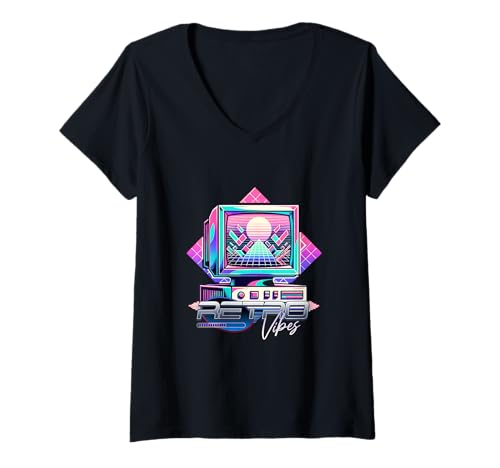 Damen Vibes Retro CRT TV 80er Jahre Stil Synthwave T-Shirt mit V-Ausschnitt Damen Vibes Retro CRT TV 80er Jahre Stil Synthwave T-Shirt mit V-Ausschnitt von Retro Vibes retro nostalgic TECH