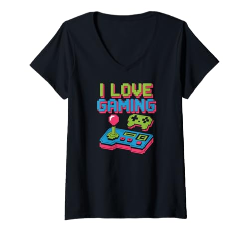 Damen Ich Liebe Gaming Erklärung von Pixel Art Gamer T-Shirt mit V-Ausschnitt Damen Ich Liebe Gaming Erklärung von Pixel Art Gamer T-Shirt mit V-Ausschnitt von Retro Video Game Enthusiast Pixel Fans