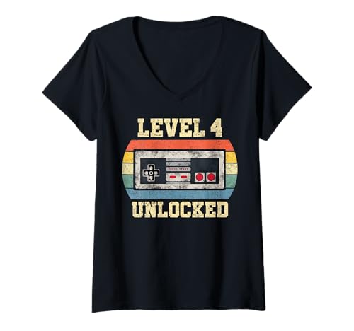 Damen Level 4 Unlocked - Lustiger 4 Jahre alter Videospieler 4. Geburtstag T-Shirt mit V-Ausschnitt Damen Level 4 Unlocked - Lustiger 4 Jahre alter Videospieler 4. Geburtstag T-Shirt mit V-Ausschnitt von Retro Video Gaming Edition Birthday Gifts By Mj