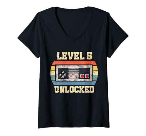 Damen Level 5 Unlocked - Lustiger 5 Jahre alter Videospieler 5. Geburtstag T-Shirt mit V-Ausschnitt von Retro Video Gaming Edition Birthday Gifts By Mj