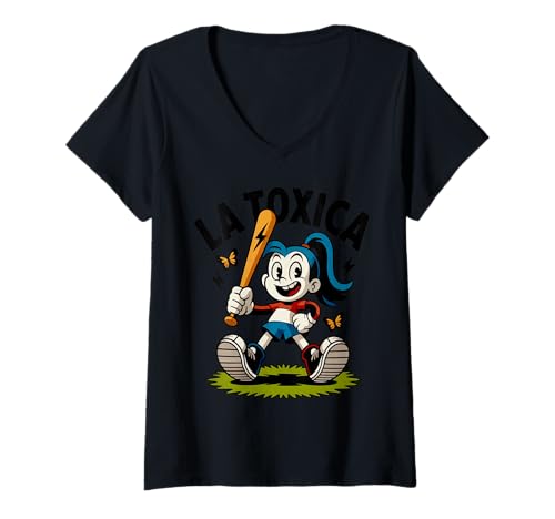 Damen La Toxica Retro-Cartoon Lustige Pop-Art-Figur T-Shirt mit V-Ausschnitt Damen La Toxica Retro-Cartoon Lustige Pop-Art-Figur T-Shirt mit V-Ausschnitt von Retro-Vintage-Cartoon Humor Pop-Art Ästhetische