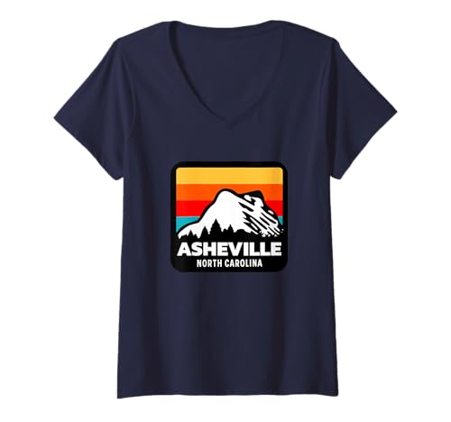 Damen Asheville North Carolina Skifahren Snowboarden Familienausflug T-Shirt mit V-Ausschnitt von Retro Vintage Climbing Hiking Camping Asheville