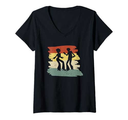 Damen Retro Disco Dance Silhouette 70er Jahre Vibe Celebration T-Shirt mit V-Ausschnitt Damen Retro Disco Dance Silhouette 70er Jahre Vibe Celebration T-Shirt mit V-Ausschnitt von Retro Vintage Dance Silhouette Groove Vibes