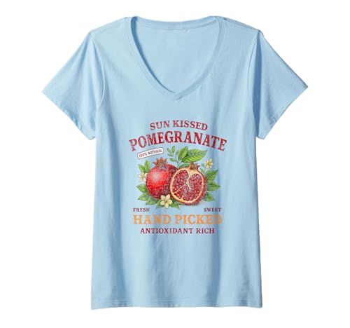 Damen Granatapfel Retro Distressed Tropical Fruit Vacation Design T-Shirt mit V-Ausschnitt von Retro Vintage Distressed Tropical Fruit Design