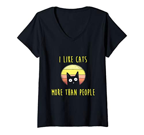 Damen I Like Cats More Than People Katzen Katze Mama Geschenk T-Shirt mit V-Ausschnitt von Retro Vintage Katzen Geschenke