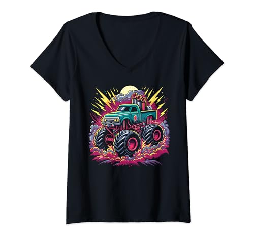 Damen Retro Vintage Sunset Monster Truck Boys T-Shirt mit V-Ausschnitt Damen Retro Vintage Sunset Monster Truck Boys T-Shirt mit V-Ausschnitt von Retro Vintage Monster Truck Designs