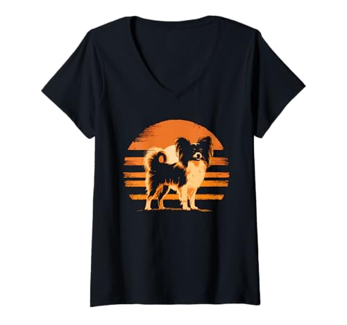 Damen Retro Vintage Design Papillon Hund T-Shirt mit V-Ausschnitt von Retro Vintage Papillon Hunde Designs