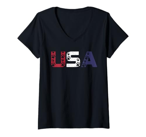Damen USA-Flagge, patriotisch, rot, weiß, blau, Haustier- und Hundeliebhaber T-Shirt mit V-Ausschnitt von Retro Vintage USA American Flag