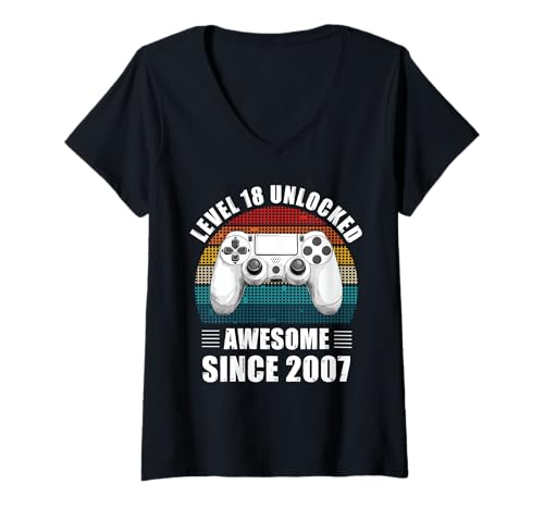 Damen Level 18 Unlocked Video Gamer 18 Birthday Awesome seit 2007 T-Shirt mit V-Ausschnitt von Retro Vintage Video Gamer 18th Birthday