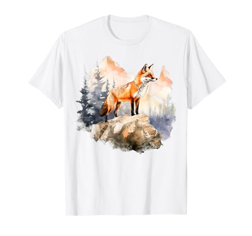 BERG & FUCHS X Füchse Berge Wasserfarbe Watercolor Painting T-Shirt von Retro Wald Bäume Natur Berge Naturliebhaber