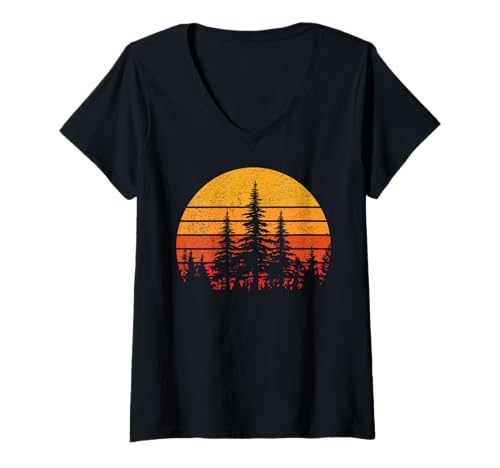 Damen Wildtiere, Bäume, Natur, Retro-Wald, ärmellos T-Shirt mit V-Ausschnitt von Retro Wald Bäume Natur Berge Naturliebhaber