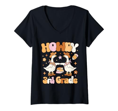 Damen Hallo, Lehrer der 3. Klasse, Western Silly Goose, zurück zur Schule T-Shirt mit V-Ausschnitt Damen Hallo, Lehrer der 3. Klasse, Western Silly Goose, zurück zur Schule T-Shirt mit V-Ausschnitt von Retro Western Howdy 3rd Grade Teacher Goosebumps