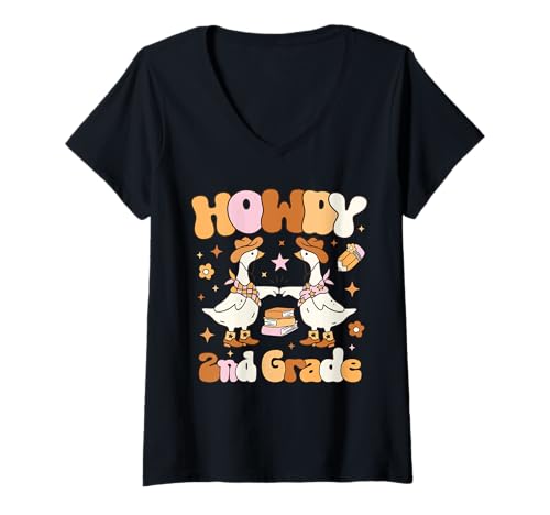 Damen Hallo, Lehrer der 2. Klasse, Western Silly Goose, zurück zur Schule T-Shirt mit V-Ausschnitt Damen Hallo, Lehrer der 2. Klasse, Western Silly Goose, zurück zur Schule T-Shirt mit V-Ausschnitt von Retro Western Howdy First Grade Teacher Goosebumps