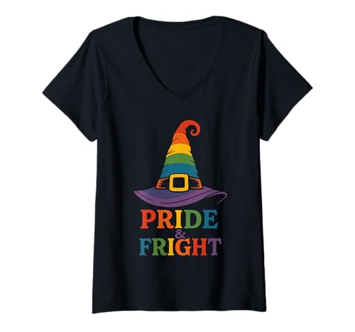 Damen Pride and Fright Regenbogen Hexenhut LGBTQ Halloween T-Shirt mit V-Ausschnitt Damen Pride and Fright Regenbogen Hexenhut LGBTQ Halloween T-Shirt mit V-Ausschnitt von Retro Wicca LGBTQ Witchy Hat Gothic Design