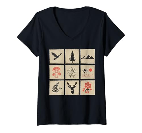 Damen Natur Stempel Collage Outdoor Abenteuer T-Shirt mit V-Ausschnitt Damen Natur Stempel Collage Outdoor Abenteuer T-Shirt mit V-Ausschnitt von Retro Wild Nature Stamps Adventure