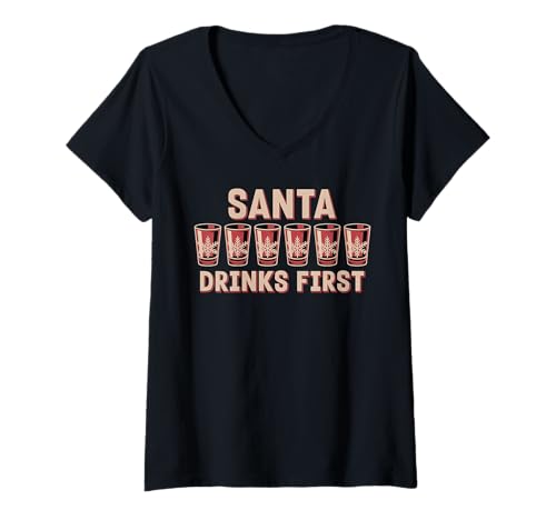 Damen Santa Drinks First Lustige Weihnachts-Trinkmixologie T-Shirt mit V-Ausschnitt Damen Santa Drinks First Lustige Weihnachts-Trinkmixologie T-Shirt mit V-Ausschnitt von Retro XMAS Bartending Drink Humor Holidays