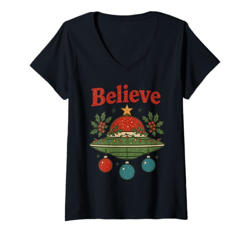 Damen Believe Festive UFO Alien Weihnachtsbaum Sci Fi T-Shirt mit V-Ausschnitt Damen Believe Festive UFO Alien Weihnachtsbaum Sci Fi T-Shirt mit V-Ausschnitt von Retro XMAS UFO Alien Festive Holidays Science