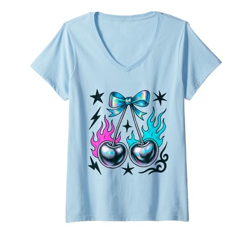 Damen Y2K Flamme Kirschen mit bunter Schleife ästhetisch T-Shirt mit V-Ausschnitt Damen Y2K Flamme Kirschen mit bunter Schleife ästhetisch T-Shirt mit V-Ausschnitt von Retro Y2K Aesthetic Designs