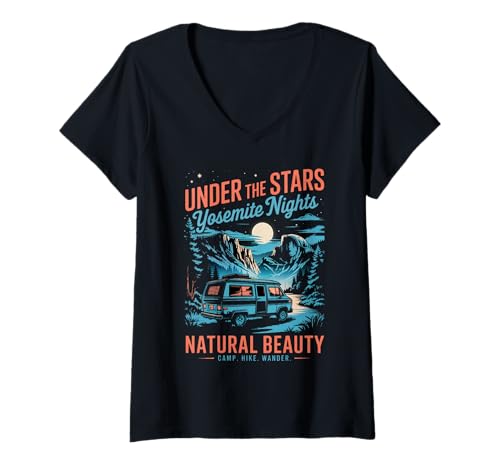 Damen National Park - Vintage Camping Yosemite T-Shirt mit V-Ausschnitt Damen National Park - Vintage Camping Yosemite T-Shirt mit V-Ausschnitt von Retro Yosemite Night Scene with Camping Vibes