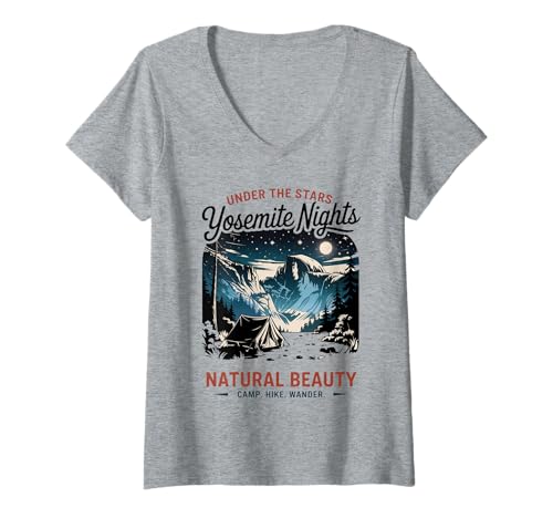 Damen Retro Camping Yosemite T-Shirt mit V-Ausschnitt Damen Retro Camping Yosemite T-Shirt mit V-Ausschnitt von Retro Yosemite Night Scene with Camping Vibes