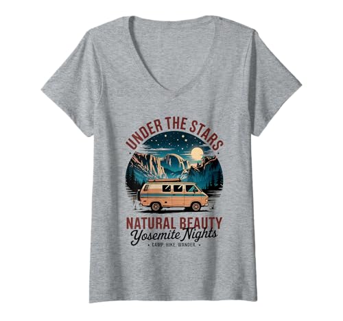 Damen Retro National Park - Camping Yosemite T-Shirt mit V-Ausschnitt Damen Retro National Park - Camping Yosemite T-Shirt mit V-Ausschnitt von Retro Yosemite Night Scene with Camping Vibes
