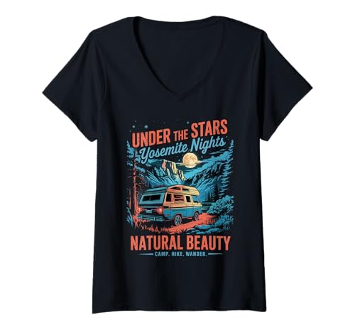Damen Retro National Park - Vintage Camping Yosemite T-Shirt mit V-Ausschnitt Damen Retro National Park - Vintage Camping Yosemite T-Shirt mit V-Ausschnitt von Retro Yosemite Night Scene with Camping Vibes