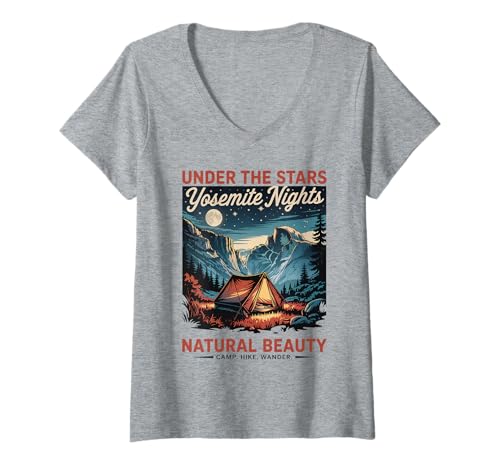 Damen Vintage National Park Camping - Classic Yosemite T-Shirt mit V-Ausschnitt Damen Vintage National Park Camping - Classic Yosemite T-Shirt mit V-Ausschnitt von Retro Yosemite Night Scene with Camping Vibes