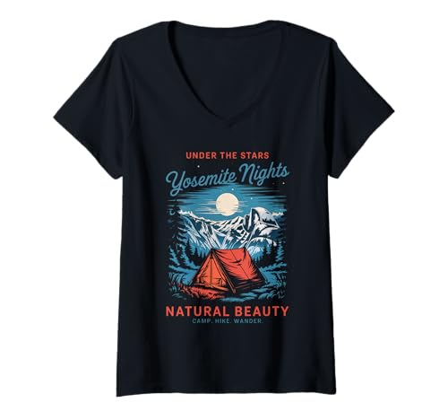 Damen Vintage National Park Camping - Yosemite T-Shirt mit V-Ausschnitt Damen Vintage National Park Camping - Yosemite T-Shirt mit V-Ausschnitt von Retro Yosemite Night Scene with Camping Vibes